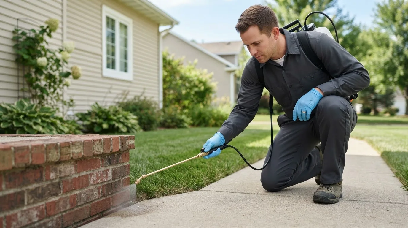 Pest control technician treating a home near Terryville, CT
